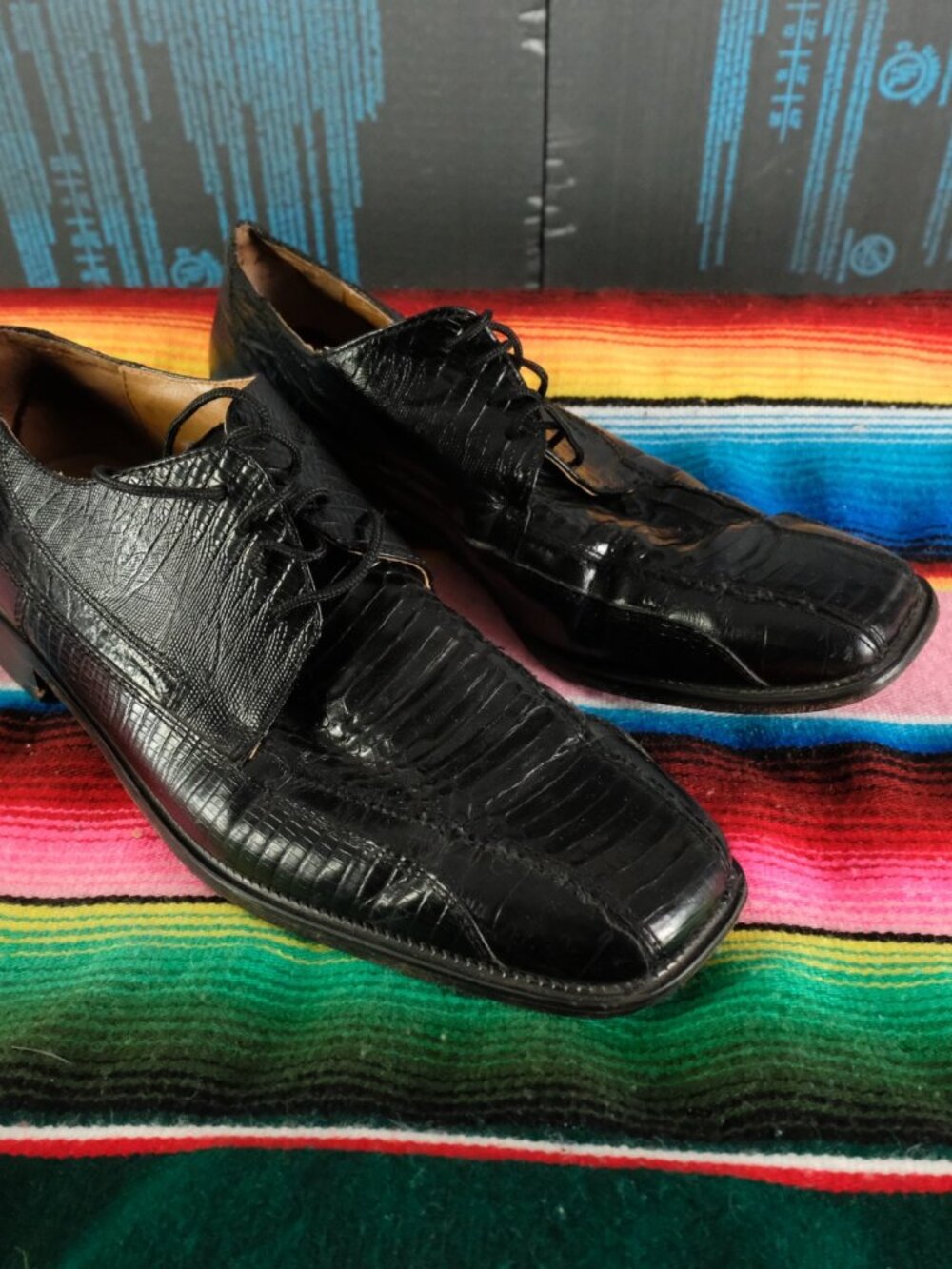 Stacy Adams Shoes Mens 10.5 Genuine Snake Black Square Toe Oxford Dress Casual